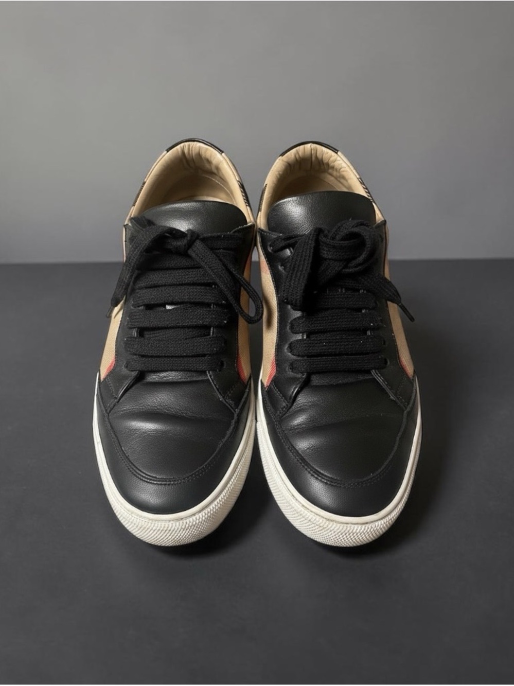 Burberry Black Leather Sneakers with Beige Panels & Red Stripe - Picture 3 of 8